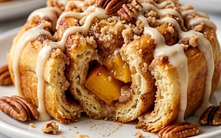 Peach Cobbler Cinnamon Rolls with Crumb Topping